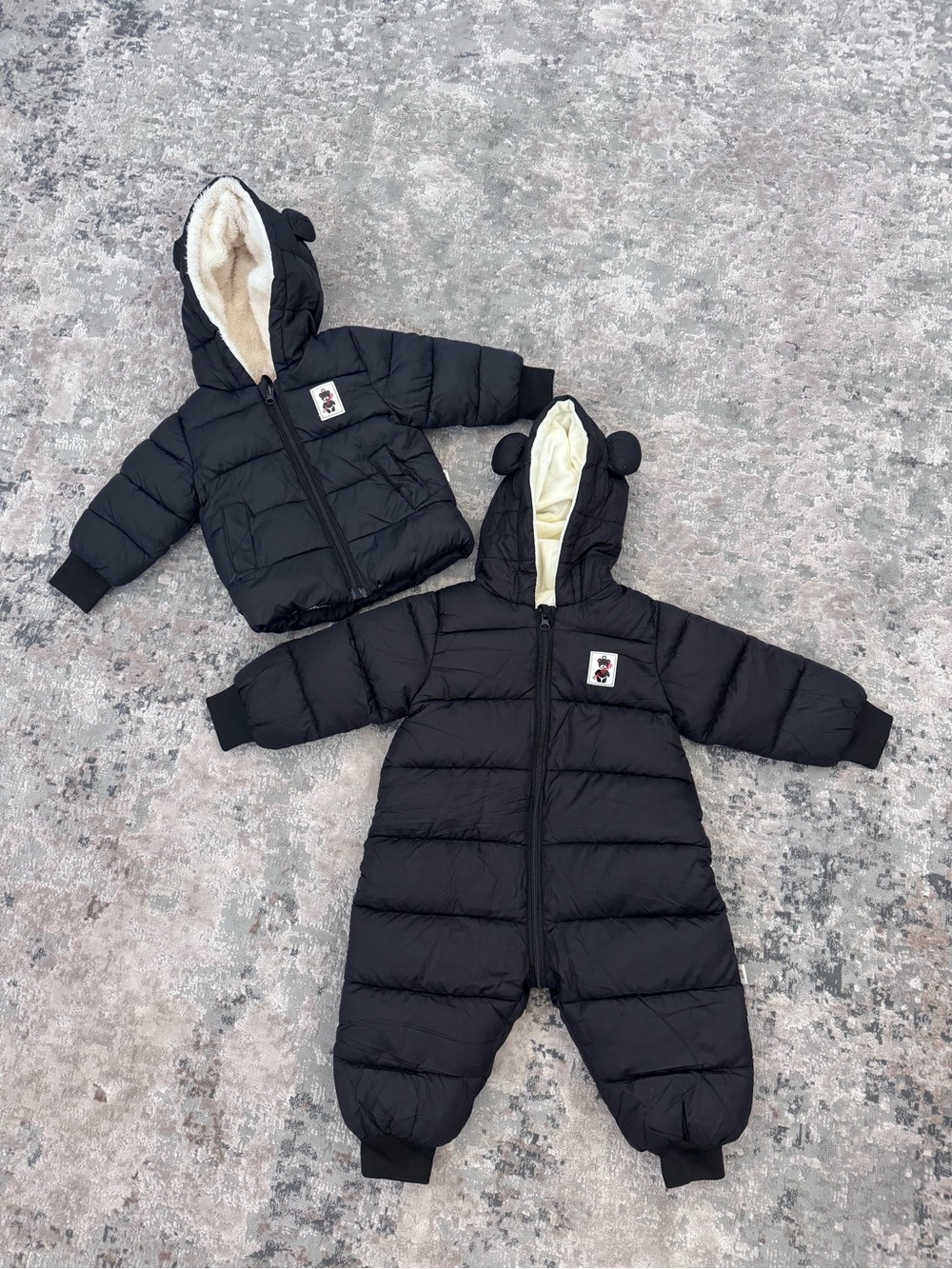 Black Puffer Baby Snowsuit and Coat with Hood Ears